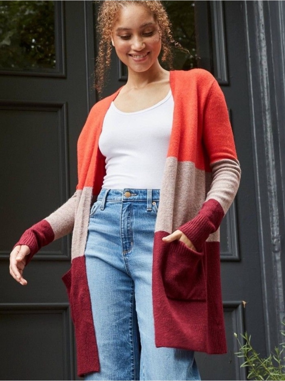 This A New Day tri-color block cardigan features a vibrant colors